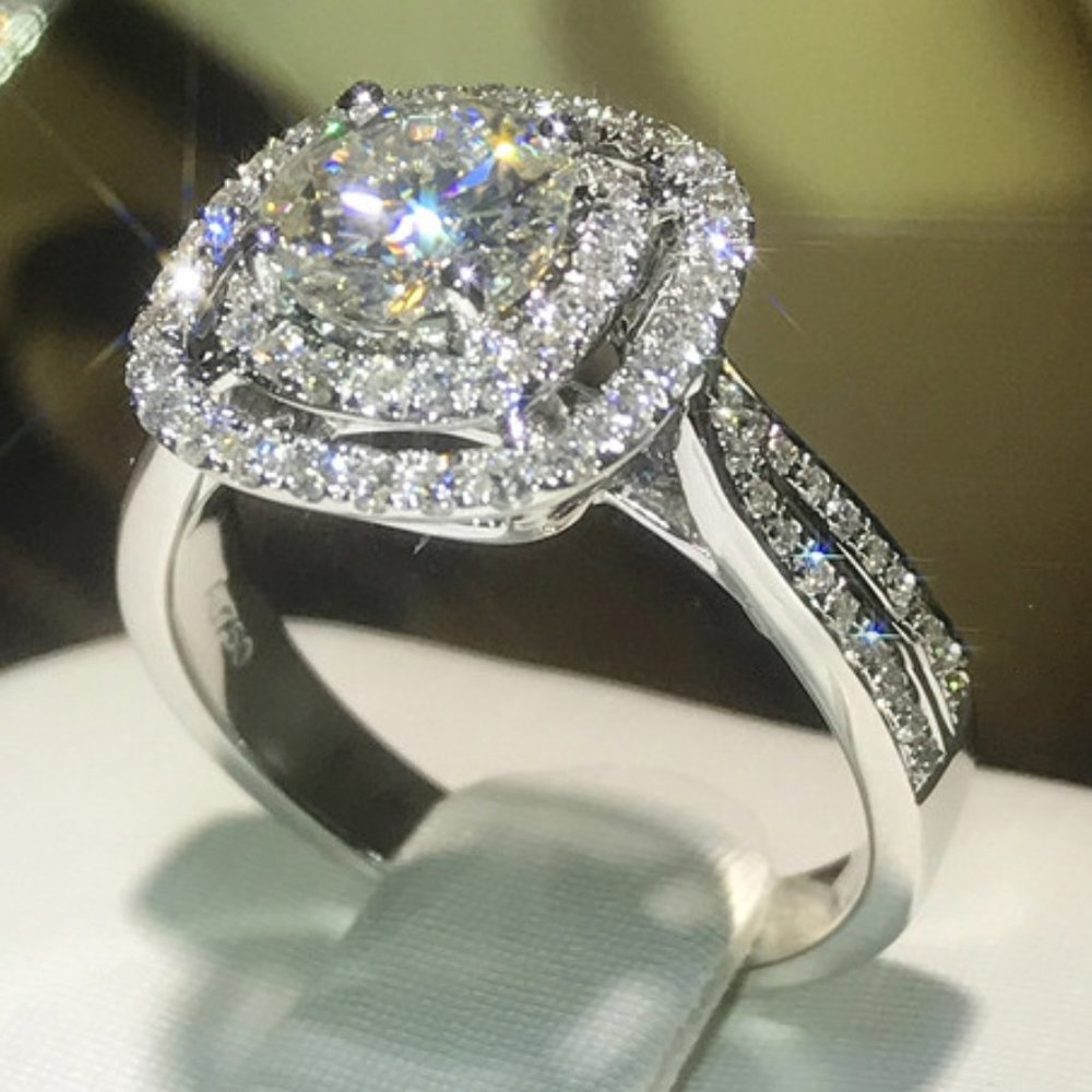 Round Zircon Double Layer Square Classic Engagement Ring for Women, L199